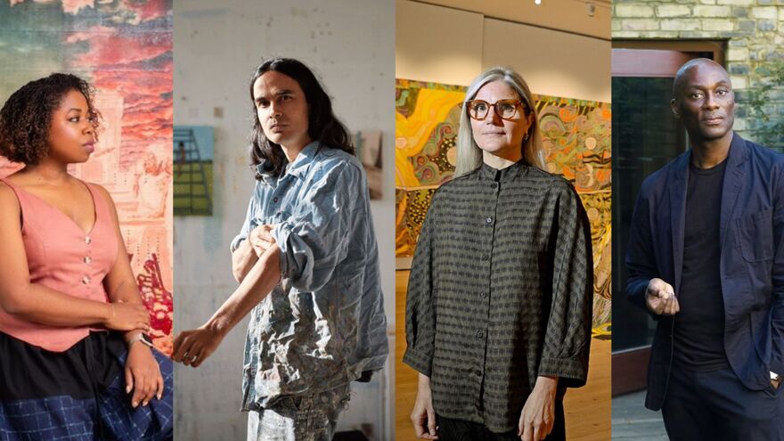 Four side-by-side portraits featuring British Art Show 10 artists Nengi Omuku, Matthew Krishanu, Emma Talbot, and curator Ekow Eshun.