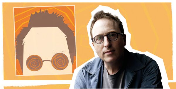 Designed graphic of Jon Ronson looking into the camera with a cartoon face next to him with swirls in their eyes