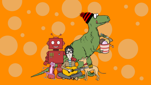A cartoon illustration of Nick Cope playing guitar on a bright orange background, surrounded by a friendly dinosaur, robot, dog, and lizard.