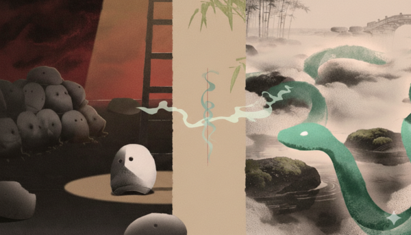 Illustrations of rocks and a green snake.