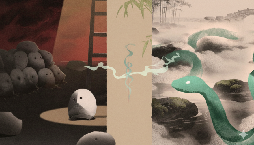 Illustrations of rocks and a green snake.