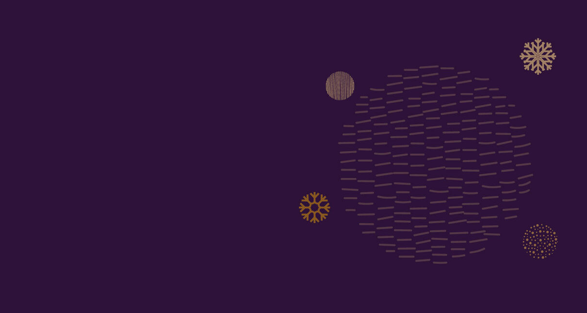 Snowflakes and circles on right against a dark purple background