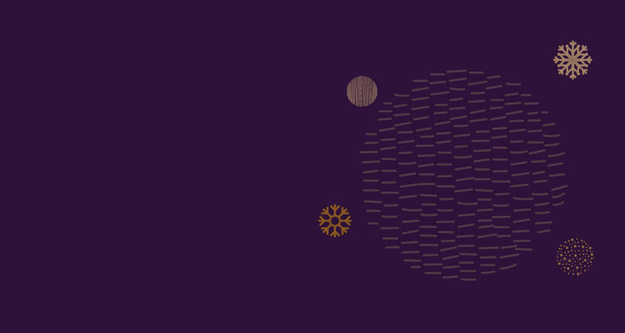 Snowflakes and circles on right against a dark purple background