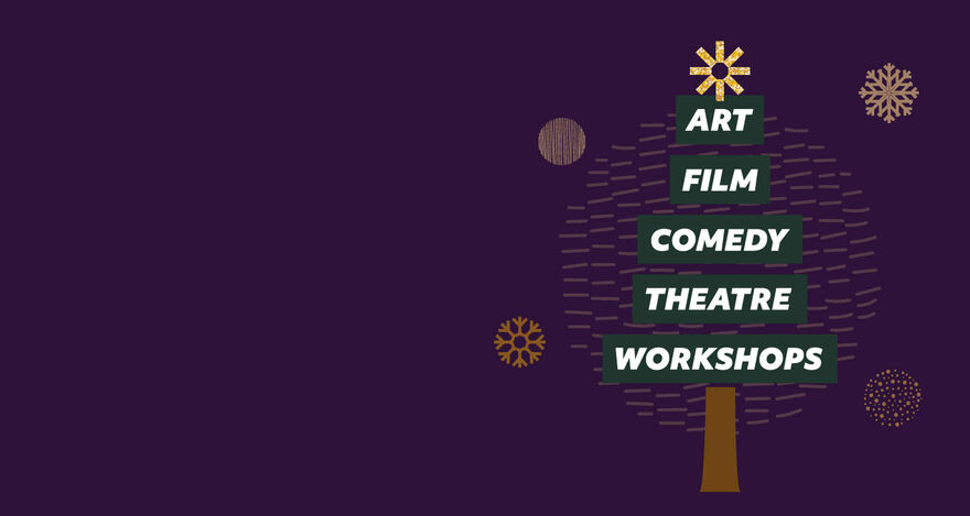 Christmas tree illustration at right against a dark purple background