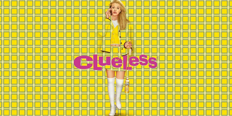 Alicia Silverstone as Cher. Her yellow outfit blends into the chequered yellow pattern background.