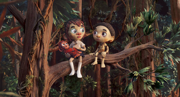 An animated image of a young boy and girl sat together on a tree branch. The young girl cradles a baby orangutan. 