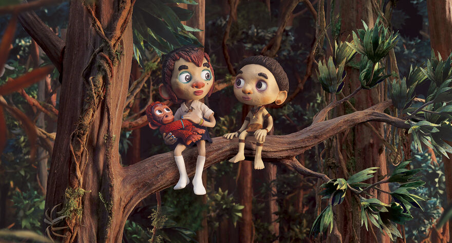 An animated image of a young boy and girl sat together on a tree branch. The young girl cradles a baby orangutan. 