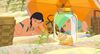 Animation of a yound girl and a woman sat under a yellow umbrella looking at a shell in a jar