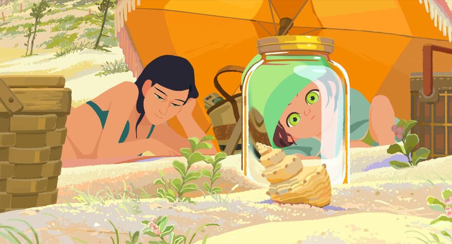 Animation of a yound girl and a woman sat under a yellow umbrella looking at a shell in a jar