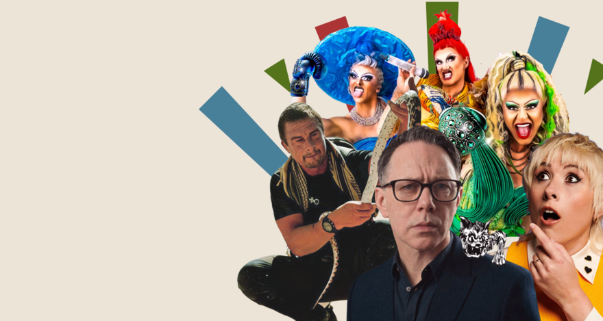 Composite image with Reece Shearsmith, Maisie Adams, Bear Grylls and 3 Drag Queens