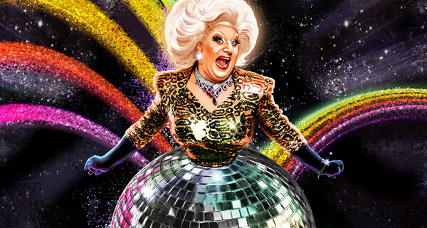 Myra DuBois, lower half of body covered by a mirror ball, stars and rainbows behind