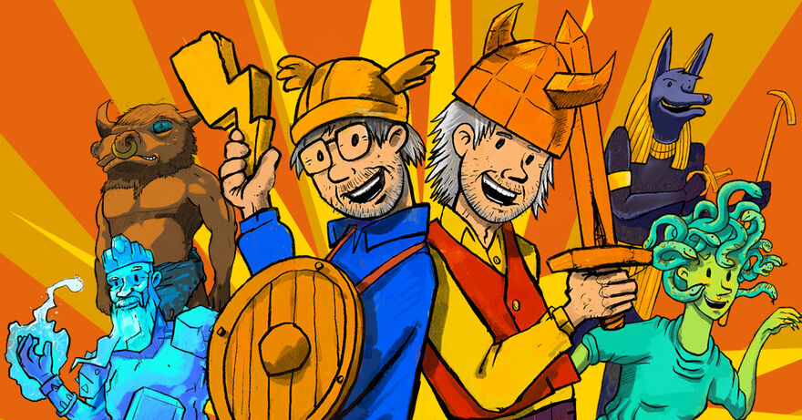 Illustration of two men, one holding a sword the other holding a shield, surrounded by mythical creatures