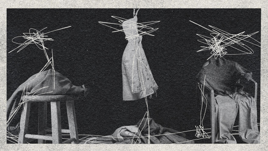 In black and white, a stool, coat-stand and chair are covered with clothes with white scribbles that make the shape of people