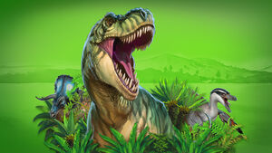 A dinosaur roars in front of a green background 