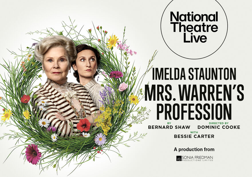 Imelda Staunton and Bessie Carter as mother and daughter, Mrs Warren and Vivie Warren. They are encircled by flowers. 
