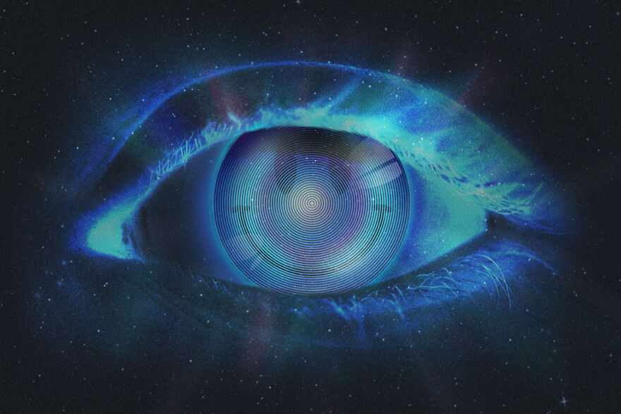 Illustration of an eye with a smiling face in the pupil