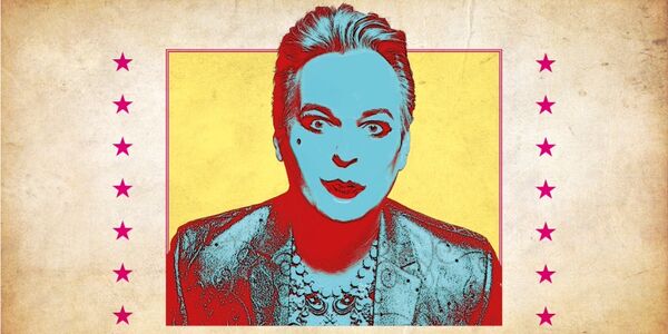 Julian Clary with a blue hue within a yellow square, stars down the side