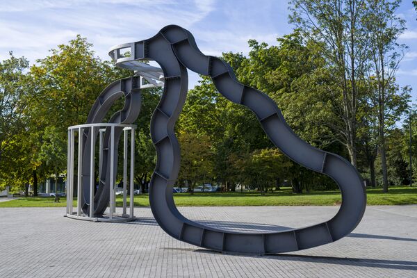 Stainless steel and painted mild steel sculpture by Richard Deacon