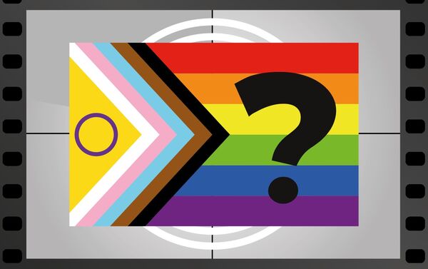 The progress flag with a question mark within a black and white film reel.