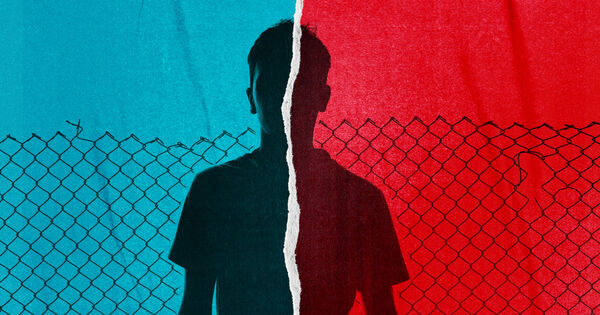 Outline of a young boy with left half of the image in blue and r ight side in red