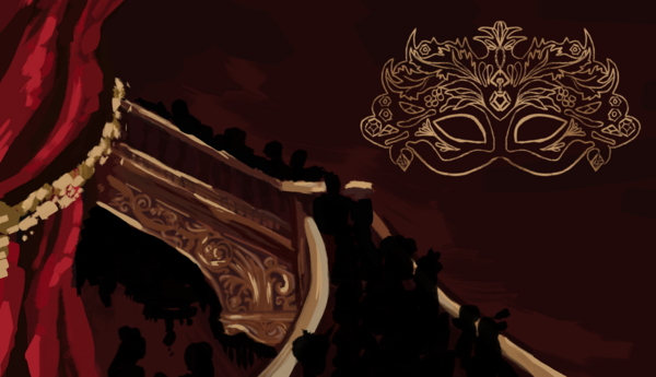 A silhouette of a mask with silhouettes of people walking up a staircase