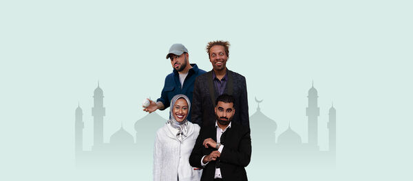 Four comedians edited onto a graphic with the outline of a skyline of mosques