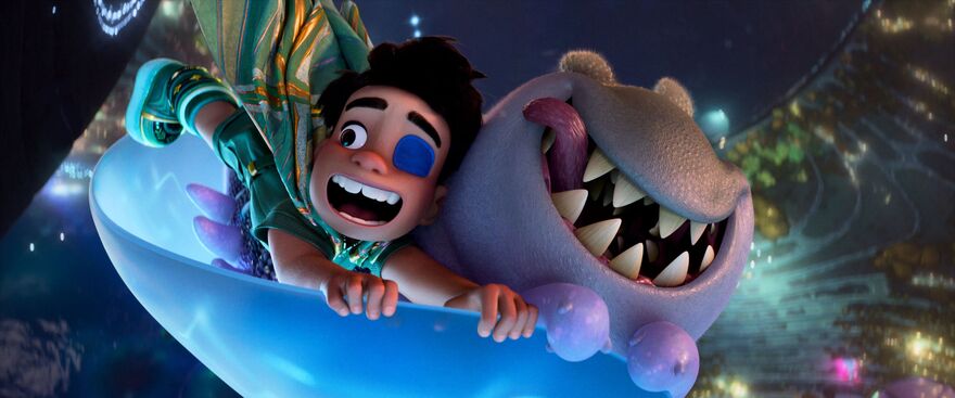 An animated image of a young boy and an alien flying through the air on a giant blue disk.