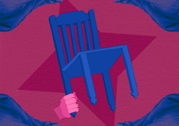 Stylised theatrical illustration of a hand lifting a blue wooden chair by one leg against a pink and magenta background.