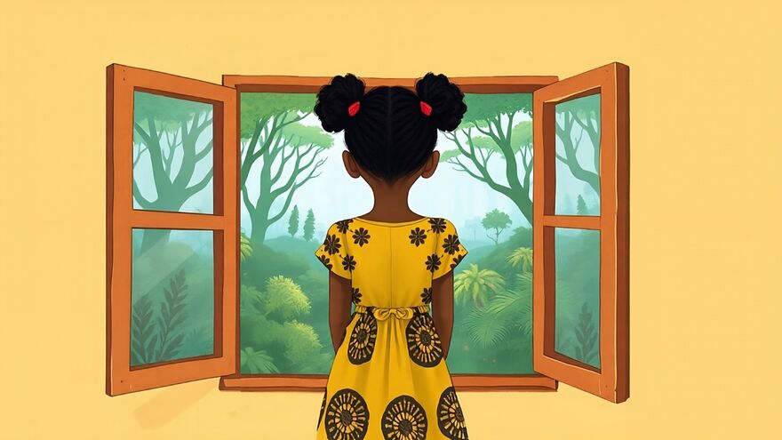 Illustration of a young girl looking out a window