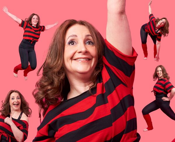 Lucy Porter in a black and red stripped shirt doing several poses