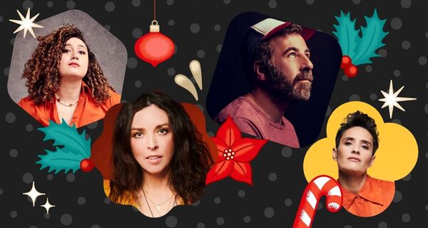 Composite image of Rose Matafeo, David O’Doherty, Bridget Christie, and Jen Brister surrounded by christmassy objects