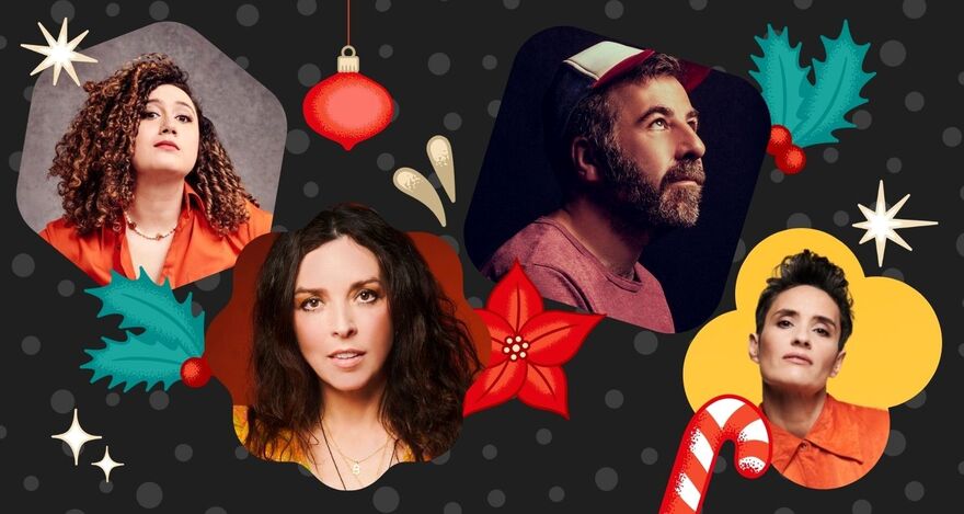 Composite image of Rose Matafeo, David O’Doherty, Bridget Christie, and Jen Brister surrounded by christmassy objects