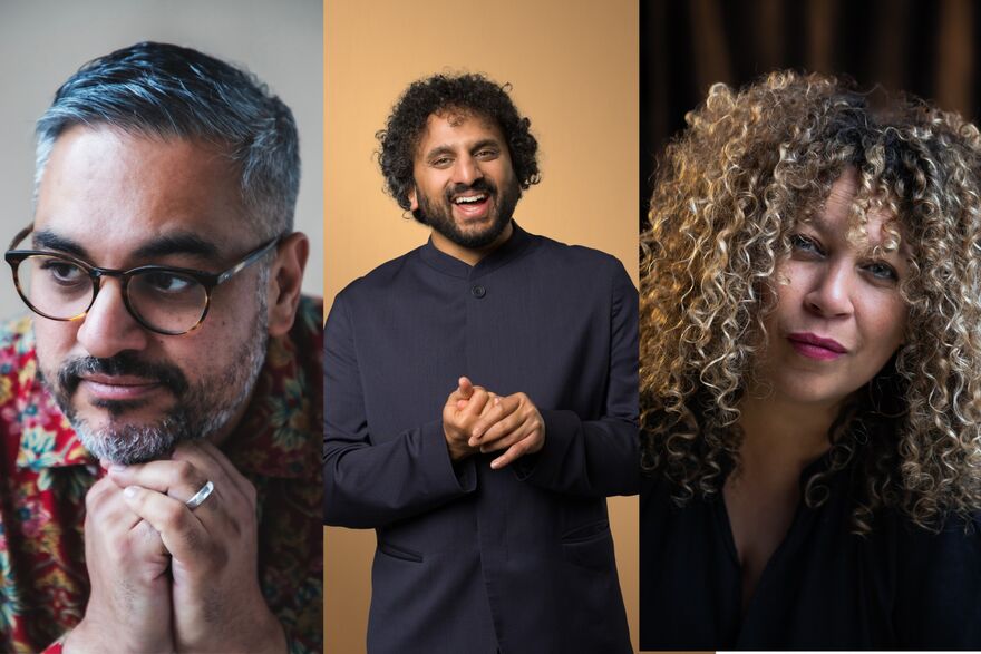 A composite image featuring three individual portraits side-by-side: writer Nikesh Shukla on the left, comedian Nish Kumar in the centre, and poet Salena Godden on the right.