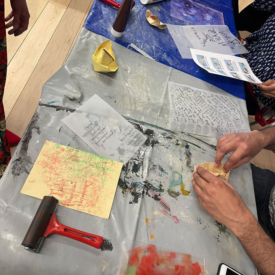 Printmaking materials on a table