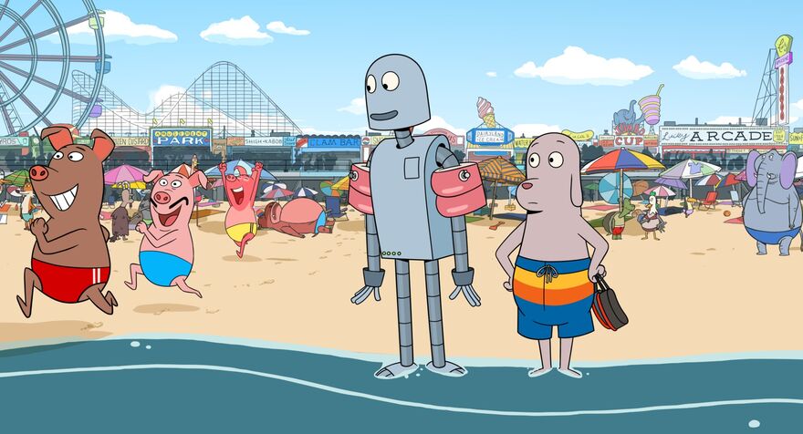 An animated image of a dog and a robot standing in the water at the seaside. 