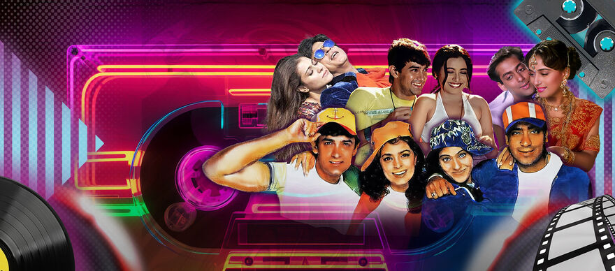 Collage of Bollywood stars imposed over a neon tape