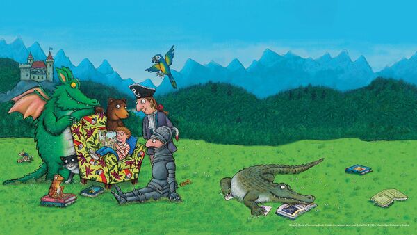 Illustration of Charlie Cook sitting on a chair reading surrounded by a dragon, pirate and a knight