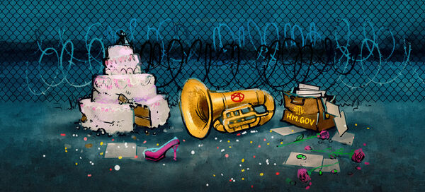 illustration of a wedding cake, a pink heel, a Cardboard bow with 'HM GOV' on and a brass instrusment - all in front of a barbed wire fence