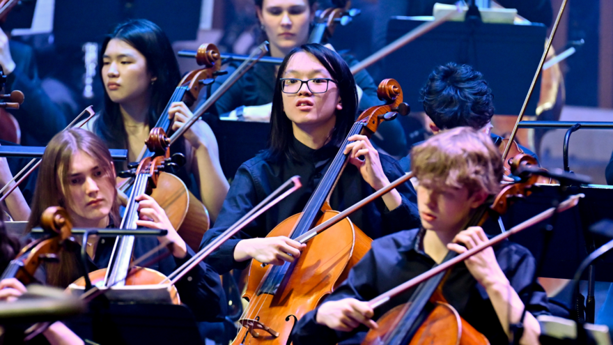 Youth orchestra playing string instruments