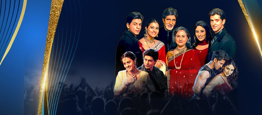 A promotional banner featuring the cast of the Bollywood film Kabhi Khushi Kabhie Gham