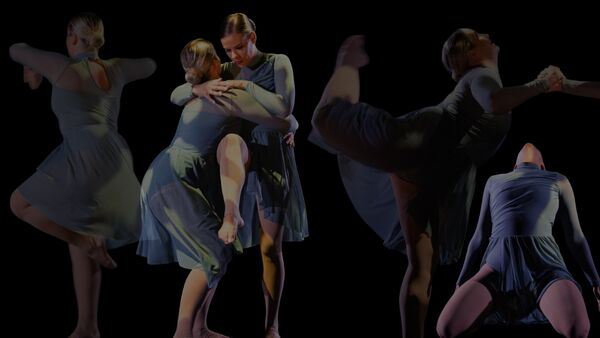 A composite image on a black background showing dancers in flowing blue-grey dresses performing a series of expressive and dynamic contemporary dance poses.
