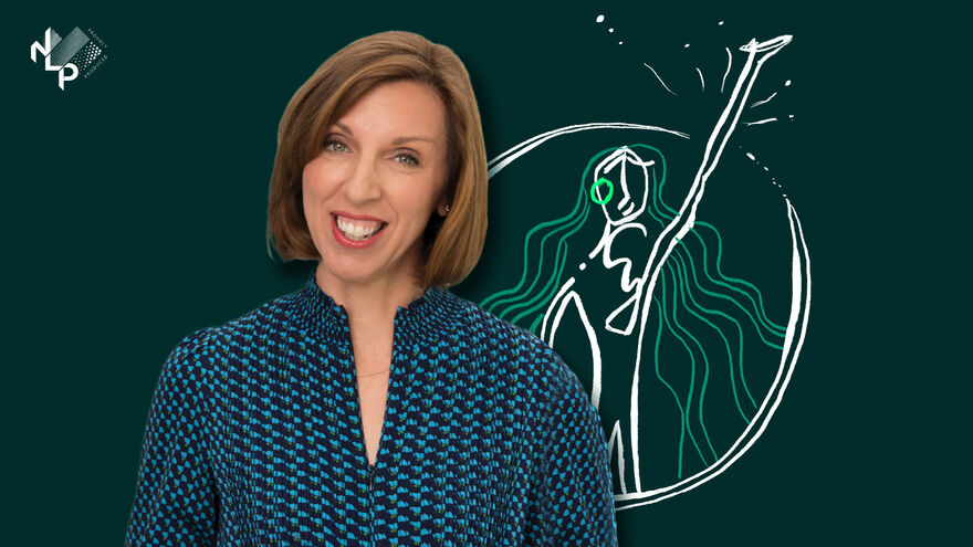 Dr Louise Newsom smiling with a drawaing of an abstarct outline of a woman behind her