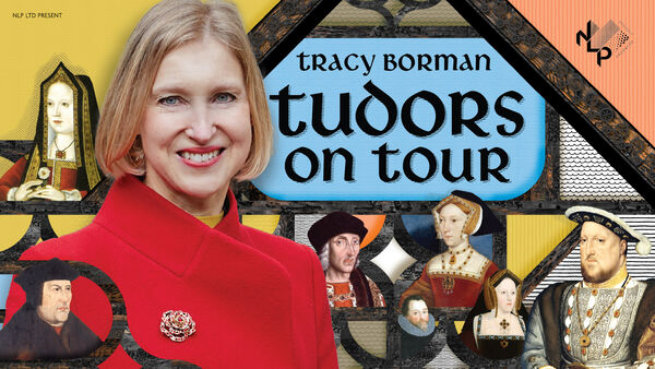Historian Tracy Borman in a promotional graphic for Tudors on Tour, surrounded by portraits of Tudor monarchs.