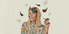 Sara Pascoe in a floral shirt with drawings of butterfly around her