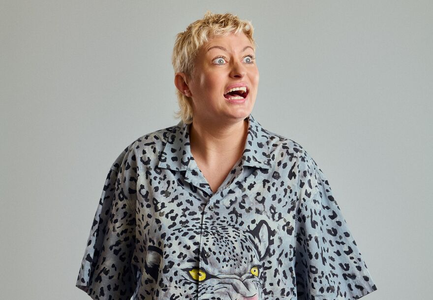 Harriet Dyer in a snow leopard print shirt