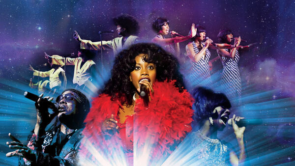 Collage of Motown singers with a starry background