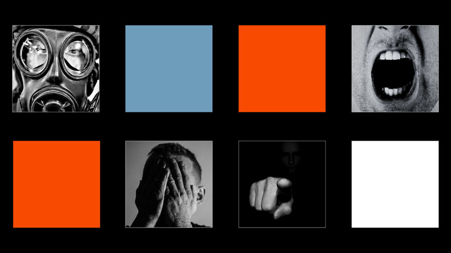 A series of squares against a black background. Some are block colours and some show black and white faces. 