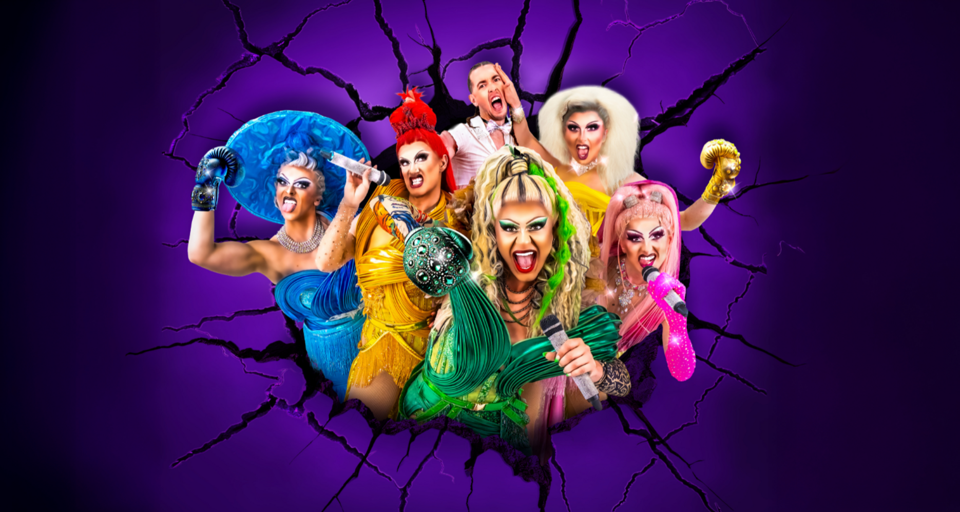 6 drag queens bursting out of a cracked purple wall