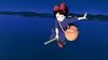 An anime image of a girl, wearing a blue dress and red ribbon in her hair, flying a broomstick over the sea. She is carrying an orange bag as a black cat clings to her arm. 