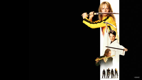 A black background with various figures holding samurai swords. 